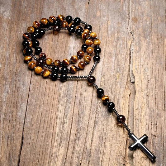 1pc Natural Tiger Eye Round Bead Long Chain Necklace with Hematite Cross Rosary Beads, Men's Jewelry for Spiritual Style - Montero Milan