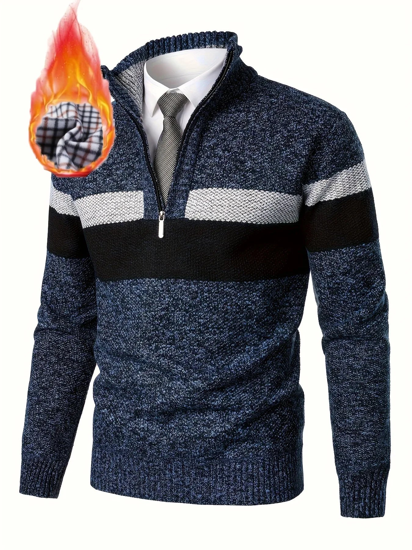 Men'S Color-Blocked Stand Collar Thickened Knitted Pullover Sweater