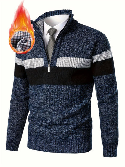 Men'S Color-Blocked Stand Collar Thickened Knitted Pullover Sweater