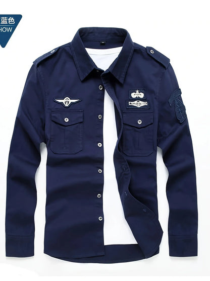 Autumn Long Sleeve Shirt for Men, Outdoor Plus Size Military Style Loose Fit Top, Pure Cotton High-Density Twill Casual Workwear Shirt, Thin Twill Long Sleeve Workwear