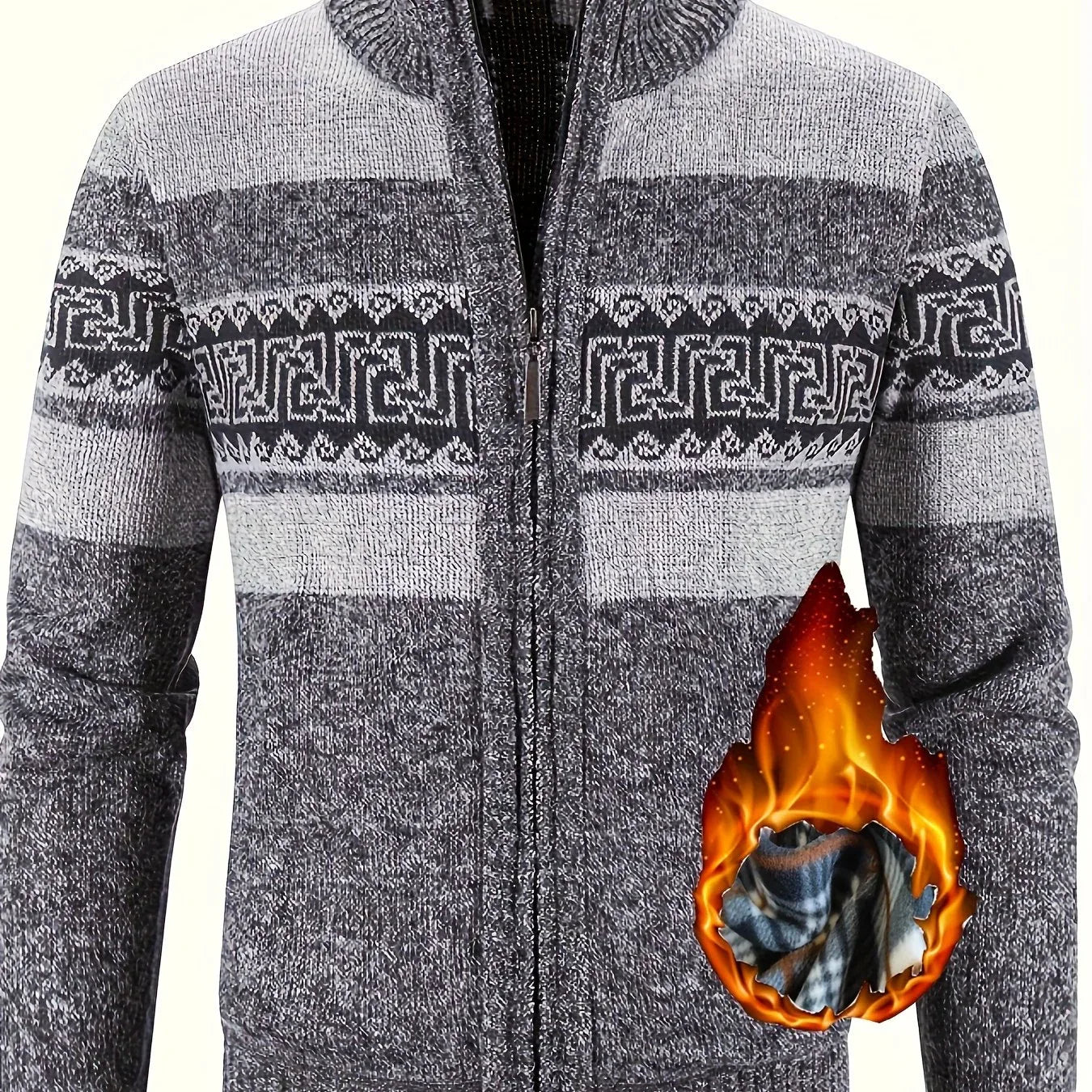 Men's Thermal Fleece-Lined Sport Knit Sweater with Zipper Pockets - Ethnic Wave Pattern, Stand Collar, Long Sleeve for Hiking, Cycling & Casual Winter Wear - Father’s Day Gift, Winter Knit Fabric