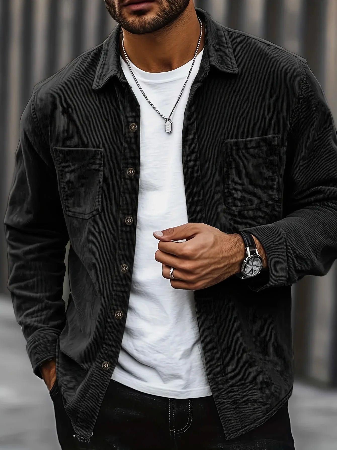 Men'S Corduroy Casual Shirt Jacket - Classic Collar, Button-Up Long Sleeve with Double Chest Pockets, Light Blue, Perfect for Spring & Fall, Everyday Fashion, Street Style, and Office Wear