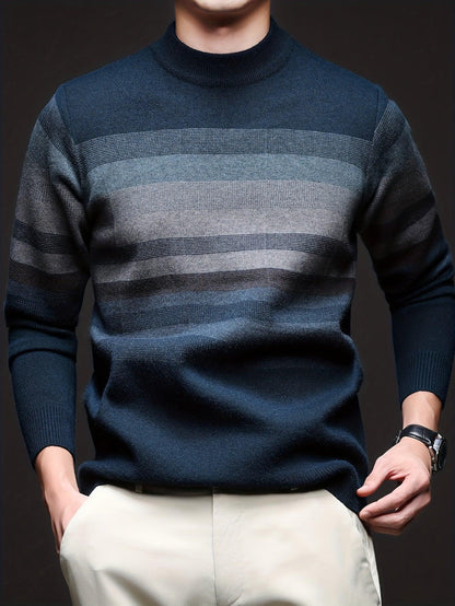 Men'S Thickened Sweater - Navy Blue & Gray Horizontal Stripes, Long Sleeve Round Neck Pullover for Fall/Winter, Casual & Formal Outfits - Everyday & Special Occasion Top, Knit