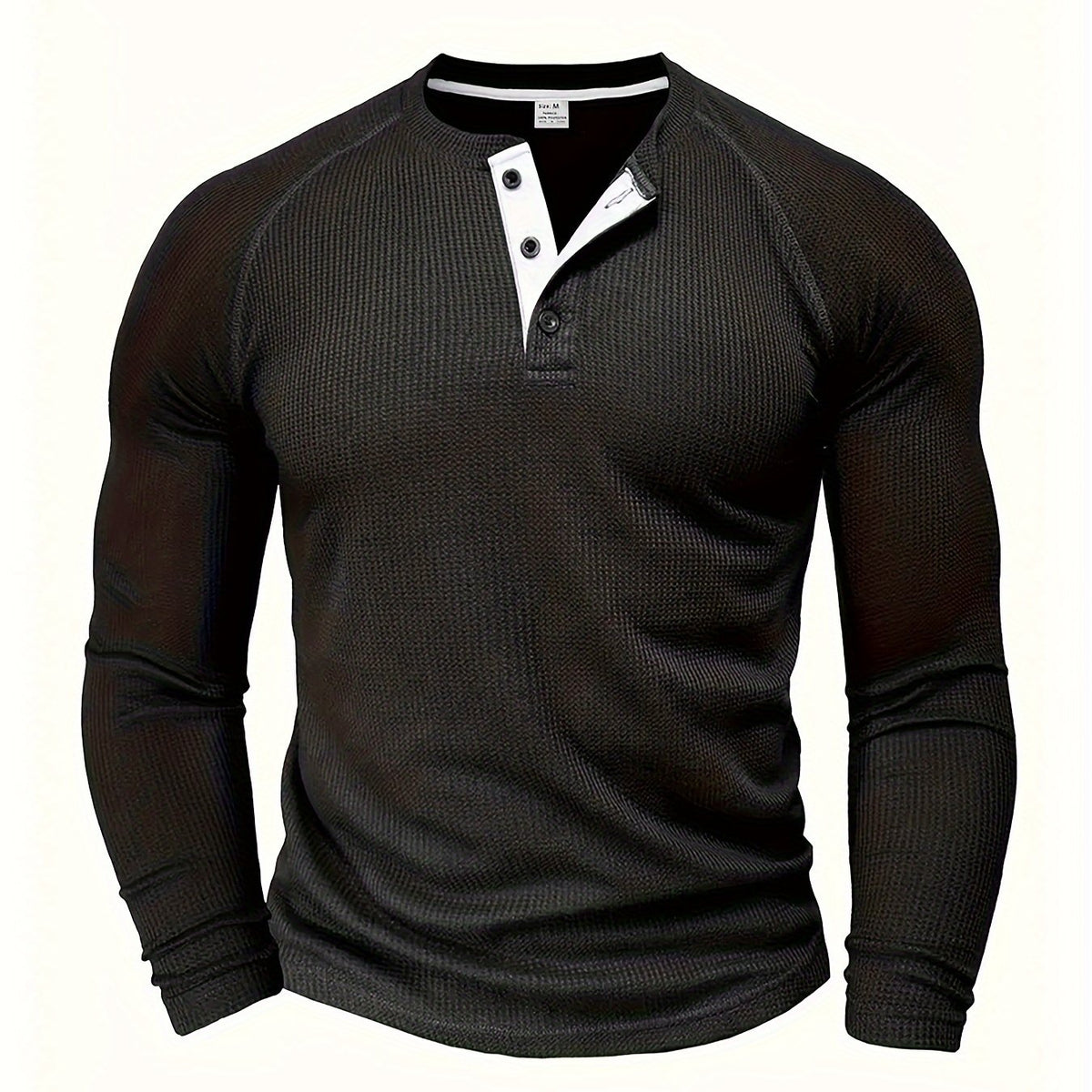 Men'S Long Sleeve T-Shirt Round Neck Open Style Pullover Henley Shirt Men'S Solid Color Fashion Versatile Top - Black / NZ 36