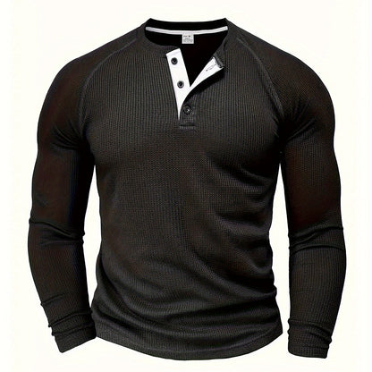 Men'S Long Sleeve T-Shirt Round Neck Open Style Pullover Henley Shirt Men'S Solid Color Fashion Versatile Top - Black / NZ 36