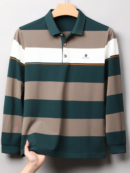 Men'S Long Sleeve Shirt - Formal & Casual Button-Up Shirt with Dark Green & Beige Horizontal Stripes, Button-Front Placket, Non-Stretch Fabric for Office, Golf, Casual Attire - Spring/Fall Wardrobe Essential, Spring Fashion,
