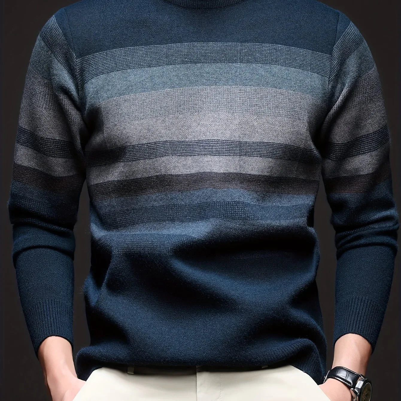 Men'S Thickened Sweater - Navy Blue & Gray Horizontal Stripes, Long Sleeve Round Neck Pullover for Fall/Winter, Casual & Formal Outfits - Everyday & Special Occasion Top, Knit