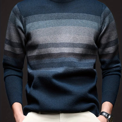 Men'S Thickened Sweater - Navy Blue & Gray Horizontal Stripes, Long Sleeve Round Neck Pullover for Fall/Winter, Casual & Formal Outfits - Everyday & Special Occasion Top, Knit