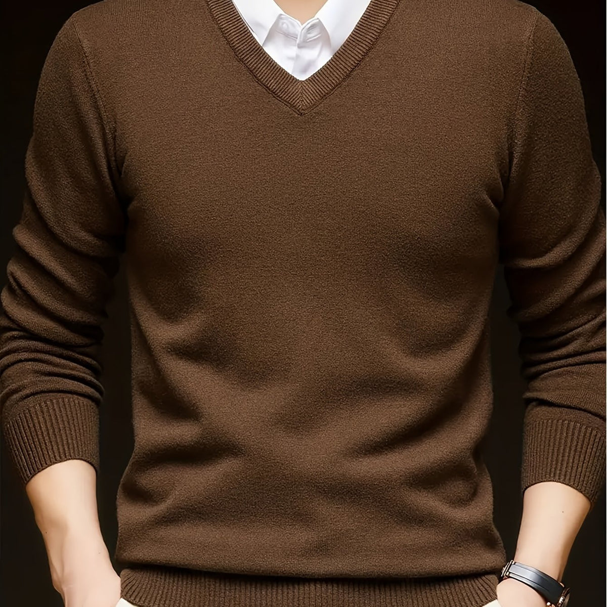Cross-Border New Autumn Winter Men'S Solid Color V-Neck Knit Sweater Pullover (Men'S Warm Top) - Coffee Color / NZ 36