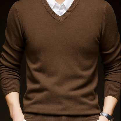Cross-Border New Autumn Winter Men'S Solid Color V-Neck Knit Sweater Pullover (Men'S Warm Top) - Coffee Color / NZ 36