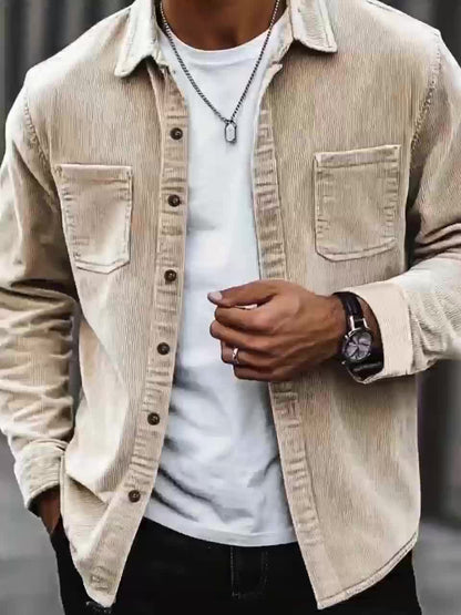 Men'S Corduroy Casual Shirt Jacket - Classic Collar, Button-Up Long Sleeve with Double Chest Pockets, Light Blue, Perfect for Spring & Fall, Everyday Fashion, Street Style, and Office Wear