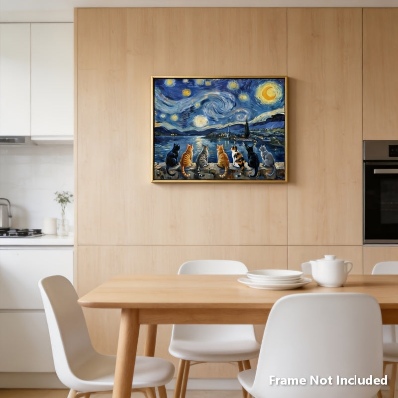 2D Flat, 2D Flat, Posters And Prints 1pc Unframed Van Gogh Starry Night Cats Canvas Wall Art Print, Funny Cats Watching Starry Sky Oil Painting Poster, Famous Artwork with Cats Parody Art, Halloween Decorations, Christmas Decorations