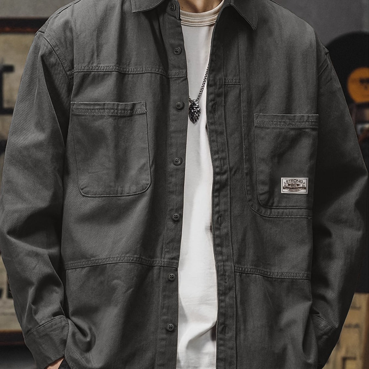 Men'S Cargo Shirt Spring Autumn Long Sleeve Top Vintage Workwear Style Multi-Pocket American Casual Top Outerwear, New Season - Grey / NZ 36