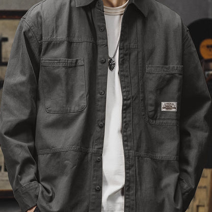 Men'S Cargo Shirt Spring Autumn Long Sleeve Top Vintage Workwear Style Multi-Pocket American Casual Top Outerwear, New Season - Grey / NZ 36