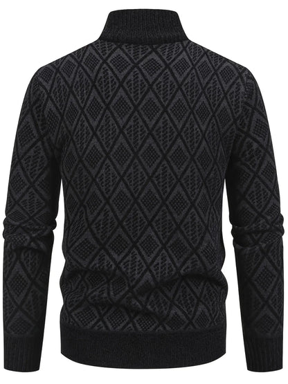 Men's Knitted Sweater Korean Style Autumn and Winter Trendy Casual Stand Collar Cardigan Jacket for Men, Comfortable and Versatile Rhombus Pattern