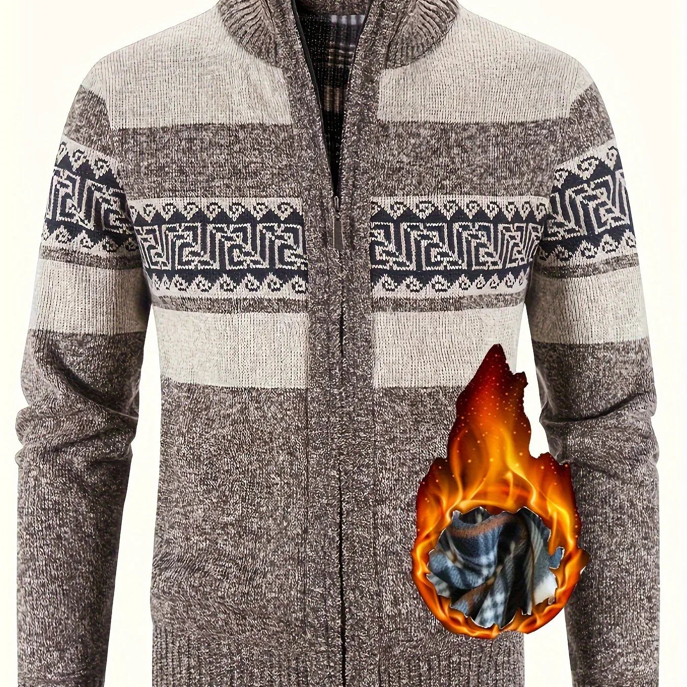 Men's Thermal Fleece-Lined Sport Knit Sweater with Zipper Pockets - Ethnic Wave Pattern, Stand Collar, Long Sleeve for Hiking, Cycling & Casual Winter Wear - Father’s Day Gift, Winter Knit Fabric
