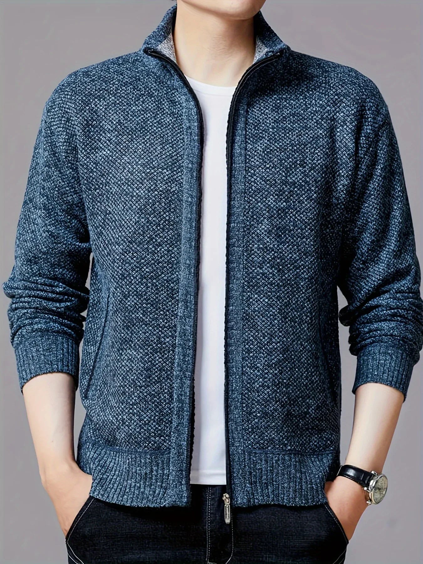 Men'S Thick Fleece Zip-Up Cardigan - Casual Long Sleeve Knit Sweater with Stand Collar, Solid Color, Regular Fit for Fall/Winter, Comfortable Layering Piece, Winter Cardigan, Autumn Outerwear, Modern Casualwear, Durable Fabri