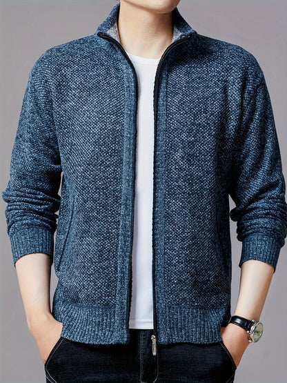 Men'S Thick Fleece Zip-Up Cardigan - Casual Long Sleeve Knit Sweater with Stand Collar, Solid Color, Regular Fit for Fall/Winter, Comfortable Layering Piece, Winter Cardigan, Autumn Outerwear, Modern Casualwear, Durable Fabri