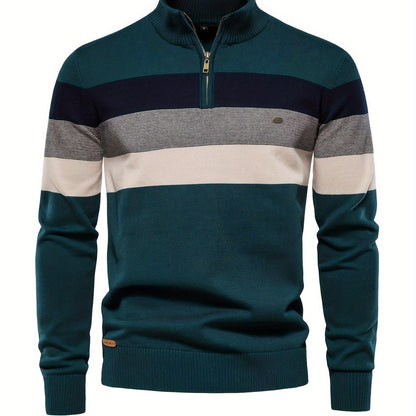 Men'S Thermal Stand Collar Sweater - Winter Knit Sweater with Zipper Closure, Black/Blue/Gray Horizontal Stripes, Regular Fit Pullover for Cold Weather, Formal & Everyday Outfits - Easy Care Sweater for Men, Sweater Zip Up, C