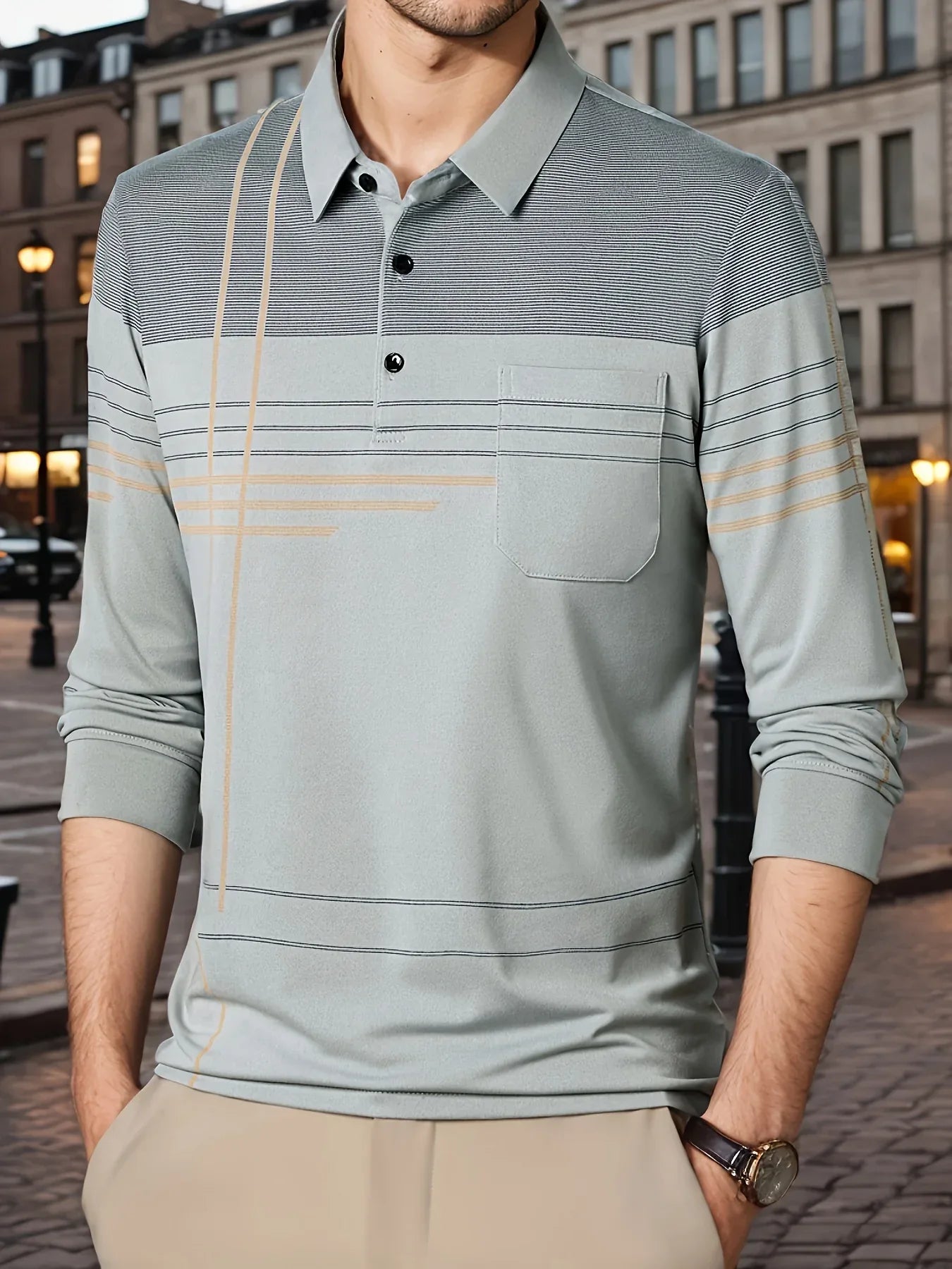 Men's Vintage-Inspired Striped Shirt with Chest Pocket - Breathable, Long Sleeve, Button Detail for Golf & Outdoor Activities