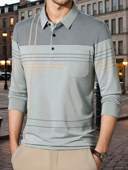 Men's Vintage-Inspired Striped Shirt with Chest Pocket - Breathable, Long Sleeve, Button Detail for Golf & Outdoor Activities