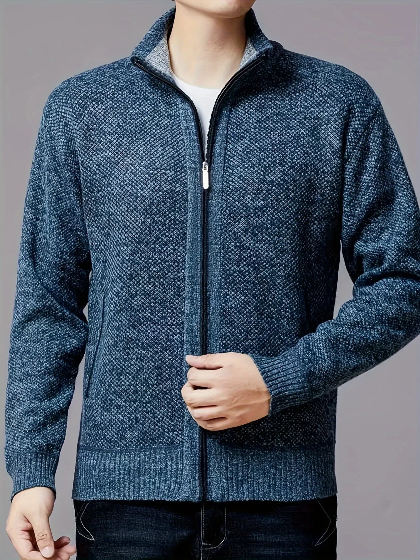 Men'S Thick Fleece Zip-Up Cardigan - Casual Long Sleeve Knit Sweater with Stand Collar, Solid Color, Regular Fit for Fall/Winter, Comfortable Layering Piece, Winter Cardigan, Autumn Outerwear, Modern Casualwear, Durable Fabri