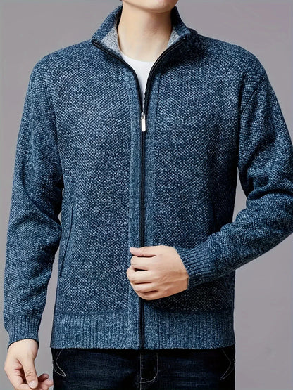 Men'S Thick Fleece Zip-Up Cardigan - Casual Long Sleeve Knit Sweater with Stand Collar, Solid Color, Regular Fit for Fall/Winter, Comfortable Layering Piece, Winter Cardigan, Autumn Outerwear, Modern Casualwear, Durable Fabri