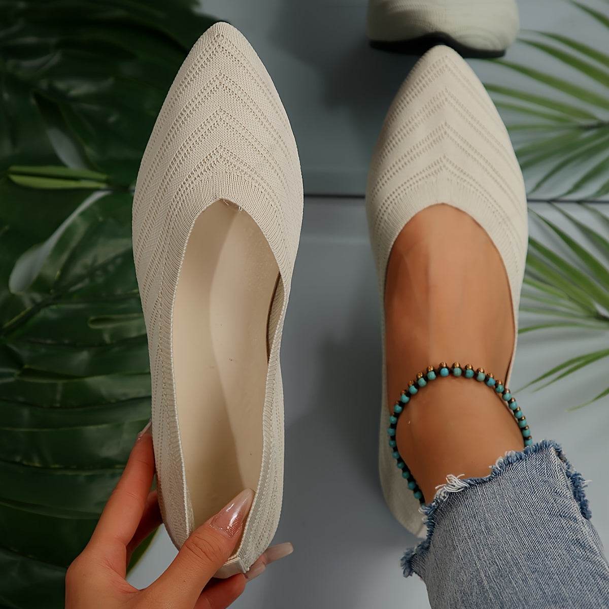 [Pointed Toe Breathable Flats] Women's Pointed Toe Flat Shoes, Solid Color Knitted Slip On Shoes, Casual Breathable Ballet Flats - Montero Milan