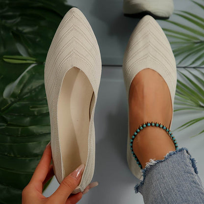 [Pointed Toe Breathable Flats] Women's Pointed Toe Flat Shoes, Solid Color Knitted Slip On Shoes, Casual Breathable Ballet Flats - Montero Milan