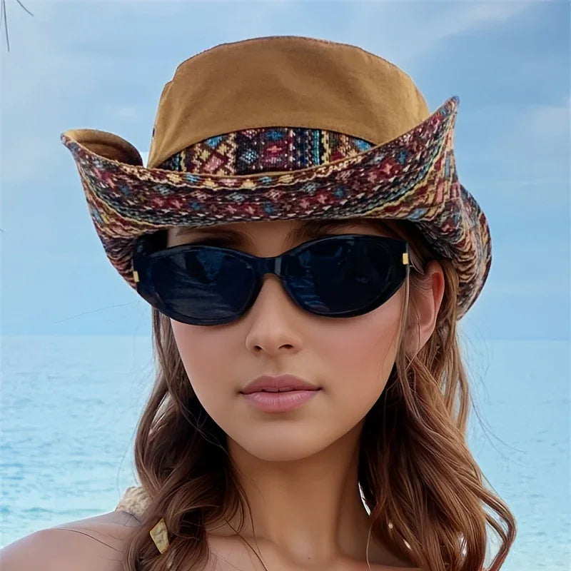 2-Way Adjustable Women's Bohemian Embroidered Sun Hat - Wide Brim Windproof Fisherman Hat with Vibrant Geometric Patterns, All-Season Outdoor Travel & Hiking Accessory for Beach, Mountaineering, Tourism, Fishing Hat, Mountain