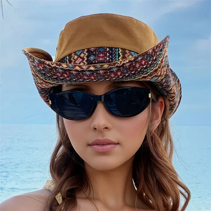 2-Way Adjustable Women's Bohemian Embroidered Sun Hat - Wide Brim Windproof Fisherman Hat with Vibrant Geometric Patterns, All-Season Outdoor Travel & Hiking Accessory for Beach, Mountaineering, Tourism, Fishing Hat, Mountain