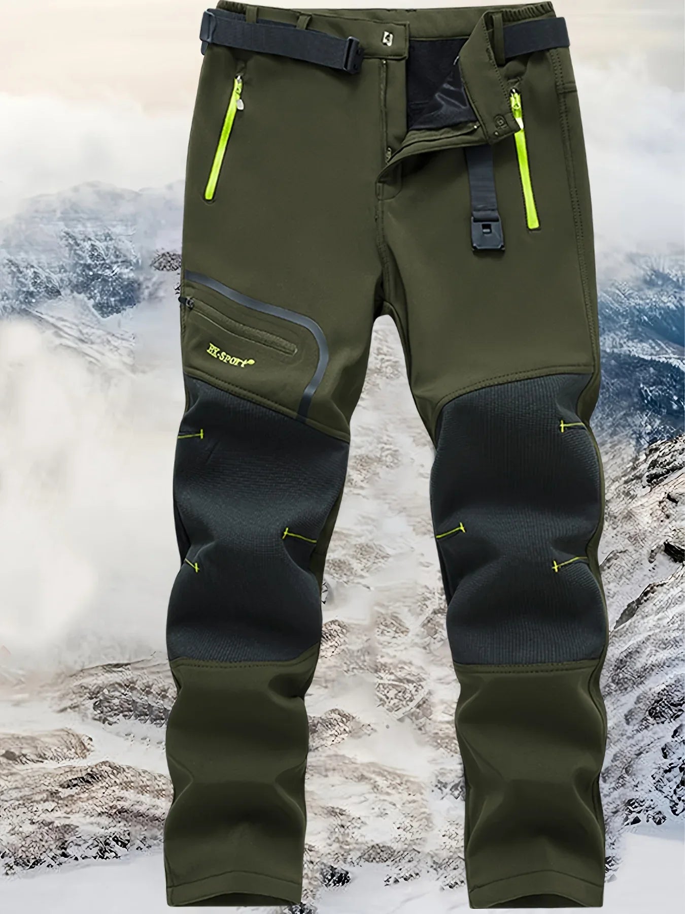 Men's Warm Windproof Cargo Pants with Belt & Zippered Pockets - Olive Green, Black & Yellow Accents, Perfect for Winter Outdoor Activities & Casual Wear, Winter Clothes