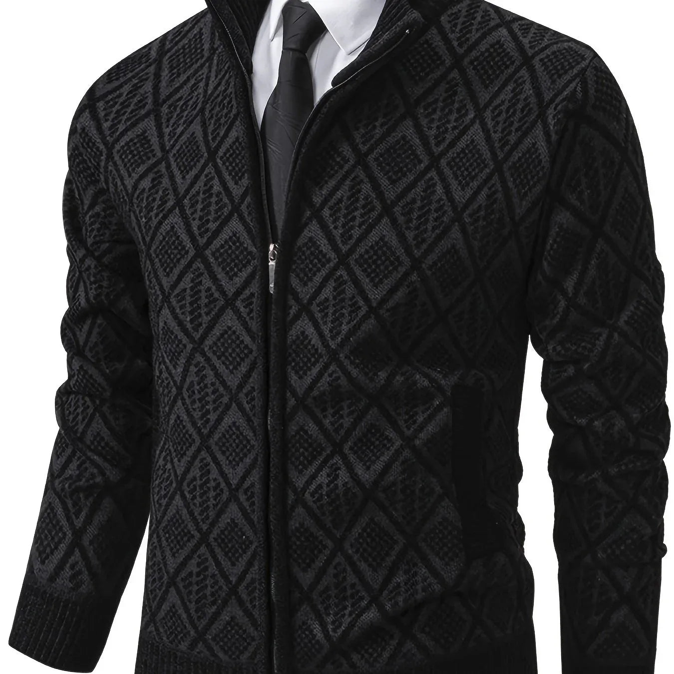 Men's Knitted Sweater Korean Style Autumn and Winter Trendy Casual Stand Collar Cardigan Jacket for Men, Comfortable and Versatile Rhombus Pattern