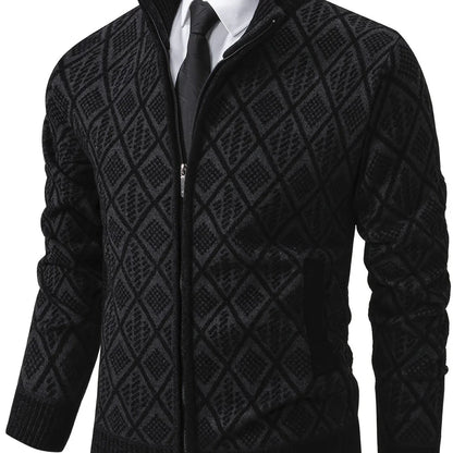 Men's Knitted Sweater Korean Style Autumn and Winter Trendy Casual Stand Collar Cardigan Jacket for Men, Comfortable and Versatile Rhombus Pattern