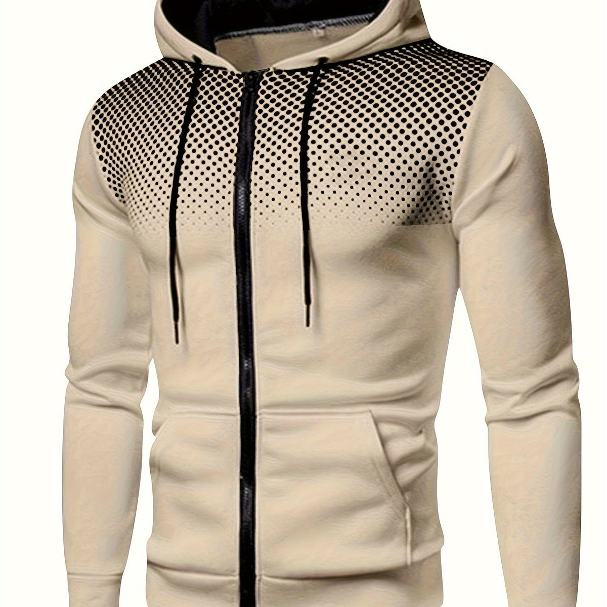 Autumn Winter New Hooded Sweatshirt Fleece Warm Thick Men'S Sports Fitness Outerwear Zipper Hooded Jacket Polka Dot Print Design - Khaki / NZ 38