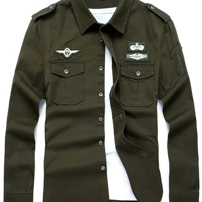 Autumn Long Sleeve Shirt for Men, Outdoor Plus Size Military Style Loose Fit Top, Pure Cotton High-Density Twill Casual Workwear Shirt, Thin Twill Long Sleeve Workwear