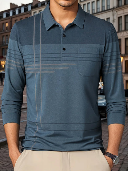 Men's Vintage-Inspired Striped Shirt with Chest Pocket - Breathable, Long Sleeve, Button Detail for Golf & Outdoor Activities
