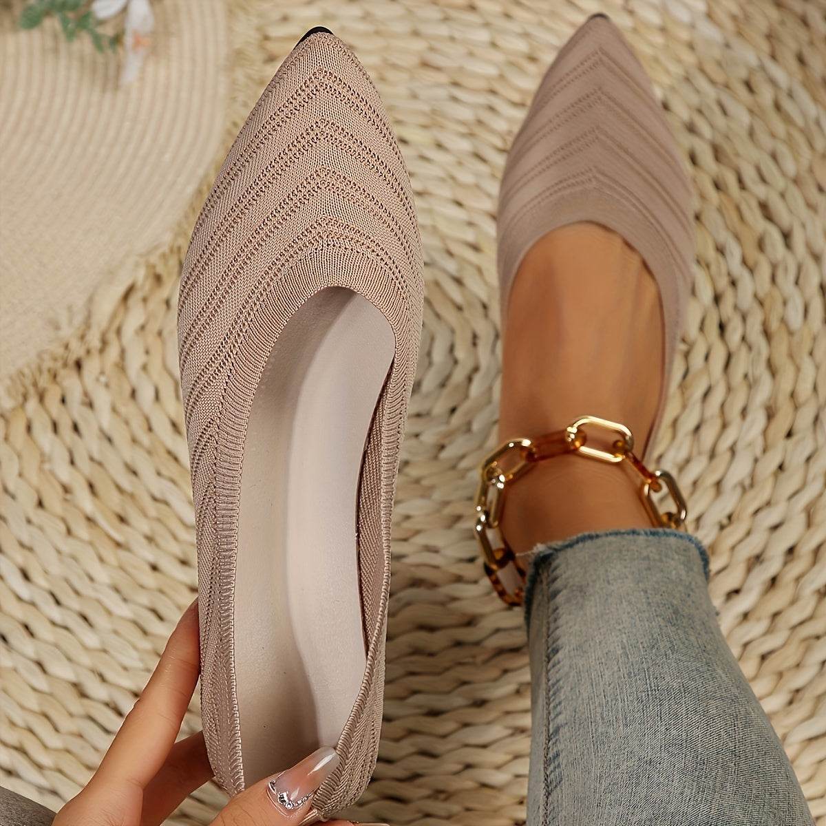 [Pointed Toe Breathable Flats] Women's Pointed Toe Flat Shoes, Solid Color Knitted Slip On Shoes, Casual Breathable Ballet Flats - Montero Milan