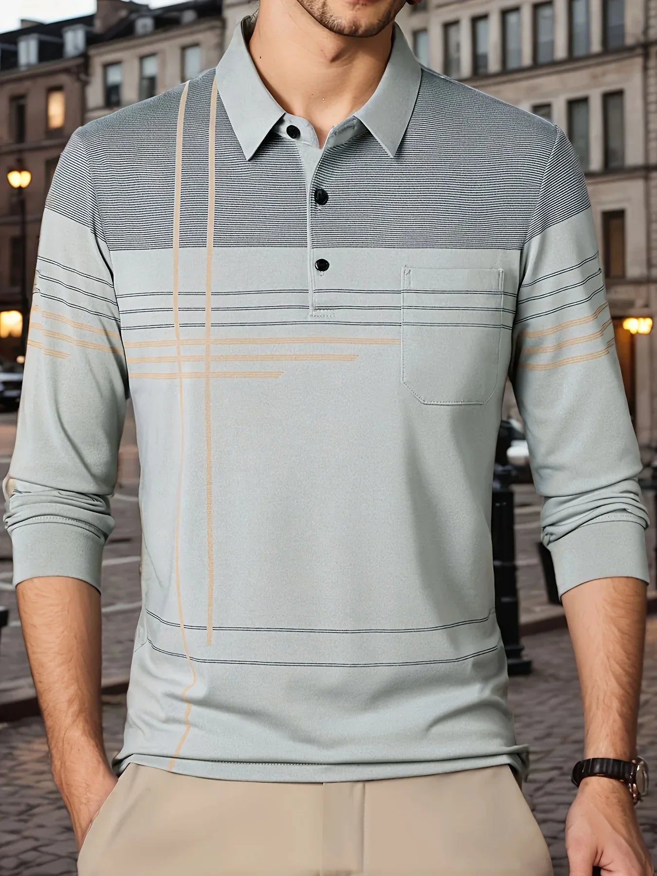 Men's Vintage-Inspired Striped Shirt with Chest Pocket - Breathable, Long Sleeve, Button Detail for Golf & Outdoor Activities