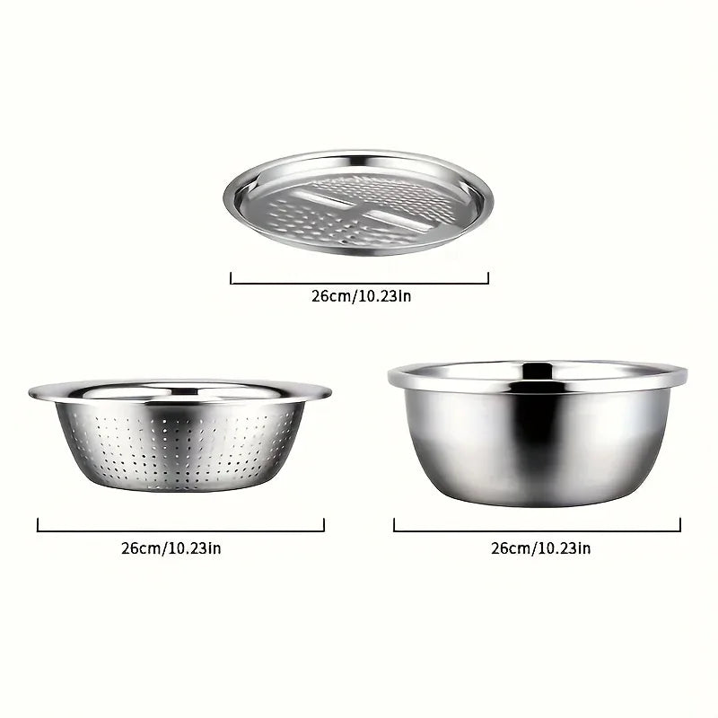 Montero Milan 3pcs HEROBABY Stainless Steel Kitchen Prep Set with Integrated Grinder, Multifunctional Filter & Mixing Bowl - Heavy-Duty 201 Grade Dishwasher- Drainage System for Slicing, Chopping Fruits, Vegetables, Cheese (All-in-One