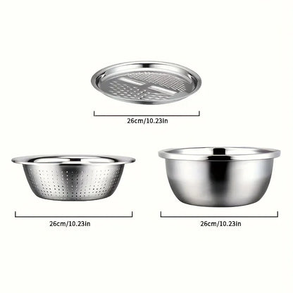 Montero Milan 3pcs HEROBABY Stainless Steel Kitchen Prep Set with Integrated Grinder, Multifunctional Filter & Mixing Bowl - Heavy-Duty 201 Grade Dishwasher- Drainage System for Slicing, Chopping Fruits, Vegetables, Cheese (All-in-One