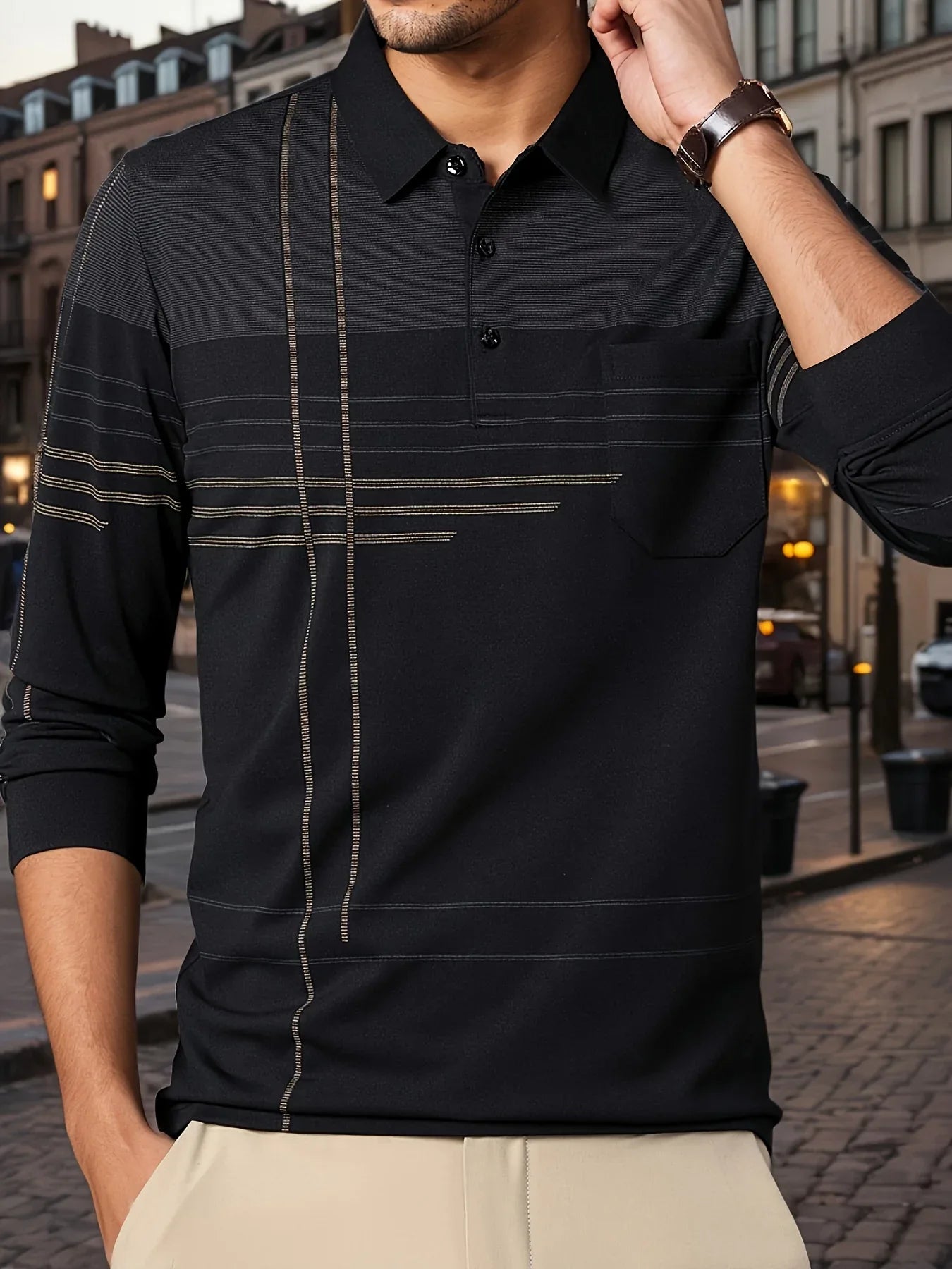 Men's Vintage-Inspired Striped Shirt with Chest Pocket - Breathable, Long Sleeve, Button Detail for Golf & Outdoor Activities