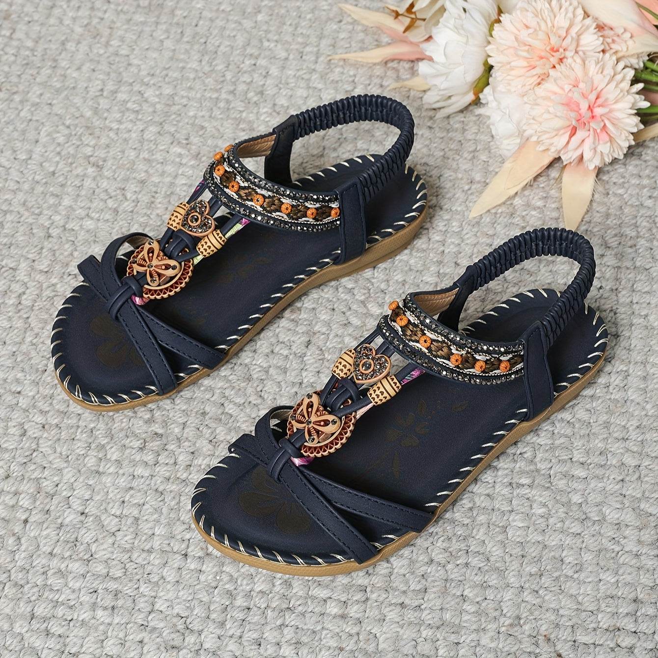 Women's Elegant Rhinestone Butterfly Flat Sandals - Comfortable Slip-On with Secure Elastic Strap for Summer - Montero Milan