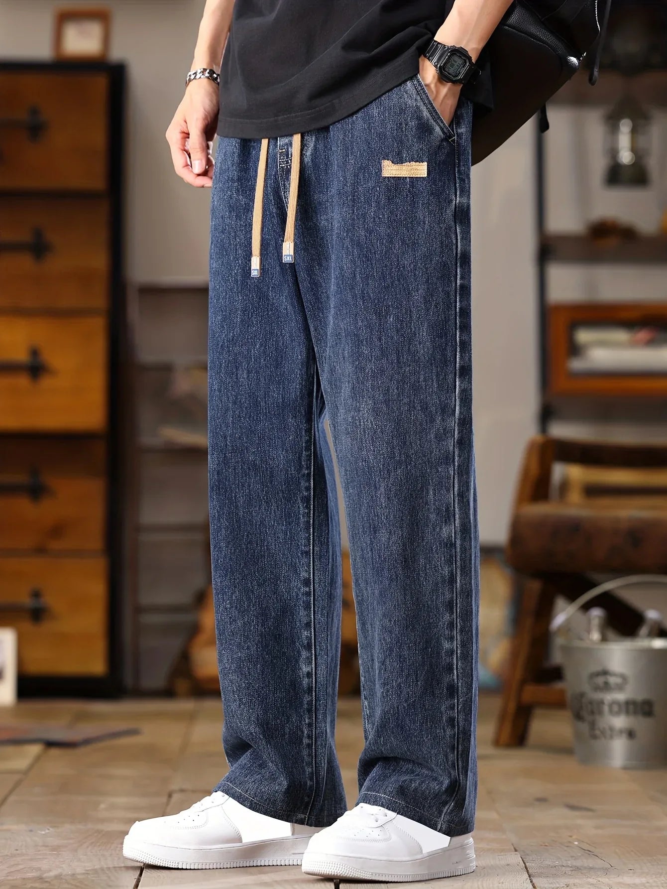 Men's Korean Style Light Blue Jeans 2025 Spring/Autumn New Washed Durable Comfortable Drawstring Straight-Leg Pants, Stylish and Versatile Casual Trousers Suitable for All Seasons by Gengyuan