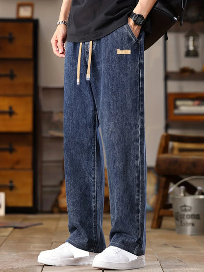 Men's Korean Style Light Blue Jeans 2025 Spring/Autumn New Washed Durable Comfortable Drawstring Straight-Leg Pants, Stylish and Versatile Casual Trousers Suitable for All Seasons by Gengyuan