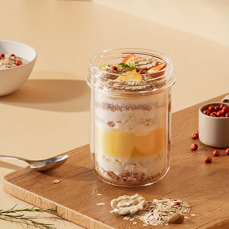 Glass Yogurt Cup with a Wide Mouth, Sealed Jar for Overnight Oats, Smoothie Cup, And a Breakfast Cup for Grains with a Spoon.