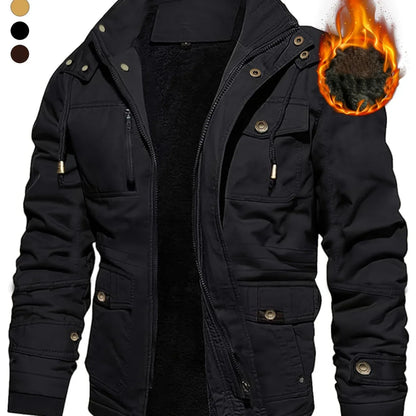 Men'S Thickened Warm Mid-Length Heavyweight Jacket with Detachable Hood - Multiple Zippered Pockets, Casual Outdoor Workwear, Polyester Lined, Button-Up Front, Regular Fit for Cold Weather, Winter Outerwear | Functional Desig