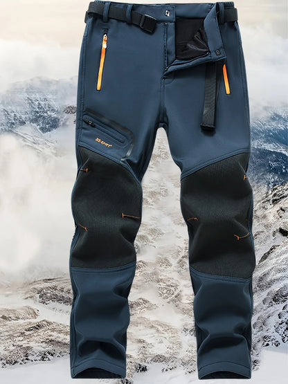 Men's Warm Windproof Cargo Pants with Belt & Zippered Pockets - Olive Green, Black & Yellow Accents, Perfect for Winter Outdoor Activities & Casual Wear, Winter Clothes