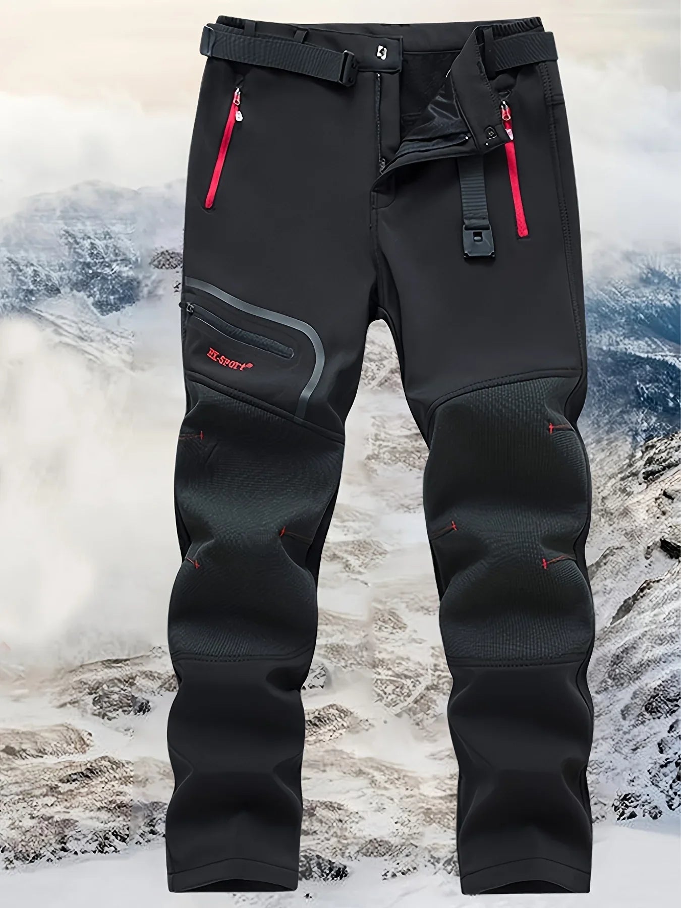 Men's Warm Windproof Cargo Pants with Belt & Zippered Pockets - Olive Green, Black & Yellow Accents, Perfect for Winter Outdoor Activities & Casual Wear, Winter Clothes