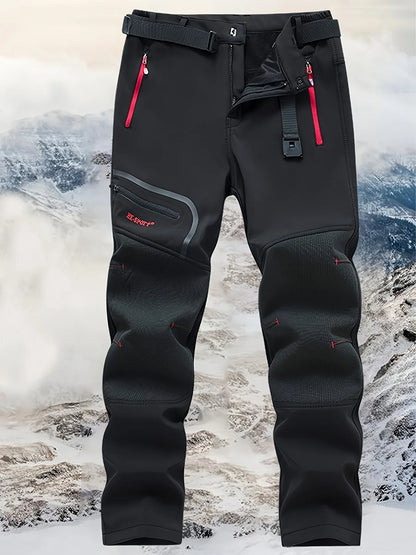 Men's Warm Windproof Cargo Pants with Belt & Zippered Pockets - Olive Green, Black & Yellow Accents, Perfect for Winter Outdoor Activities & Casual Wear, Winter Clothes